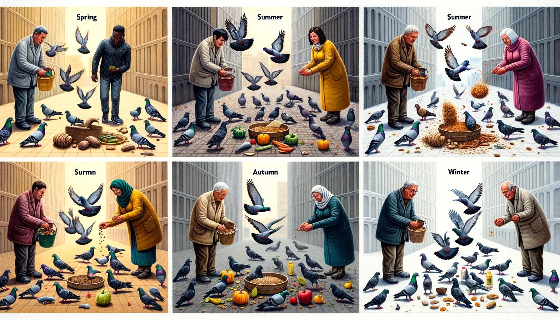 Feeding Pigeons in Different Seasons